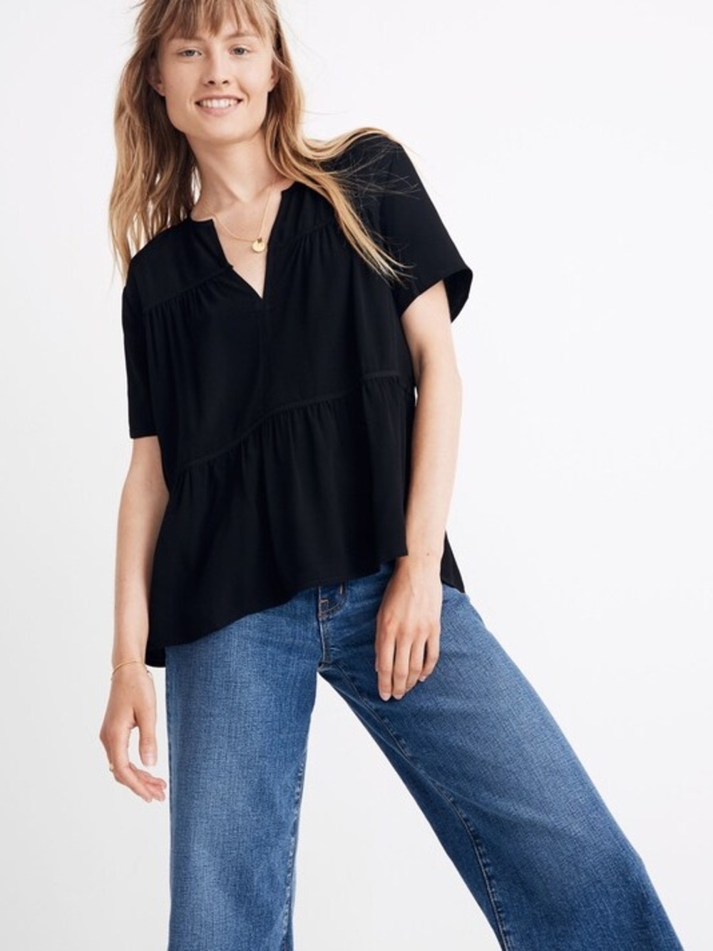Madewell Black V-Neck Tiered Short-Sleeve Blouse
